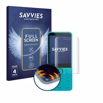 Face avant d’un emballage produit avec le logo de la marque Savvies. À côté, l’appareil Nokia 235 4G (2024) est représenté ave