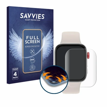 Face avant d’un emballage produit avec le logo de la marque Savvies. À côté, l’appareil Huawei Watch Fit 3 est représenté avec
