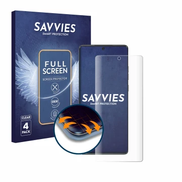 Face avant d’un emballage produit avec le logo de la marque Savvies. À côté, l’appareil Motorola Moto G85 est représenté avec 