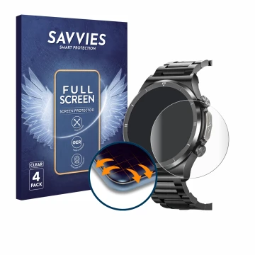 Face avant d’un emballage produit avec le logo de la marque Savvies. À côté, l’appareil Powerwill Smartwatch 1.39