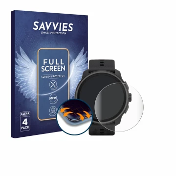 Face avant d’un emballage produit avec le logo de la marque Savvies. À côté, l’appareil Suunto Race S est représenté avec la p
