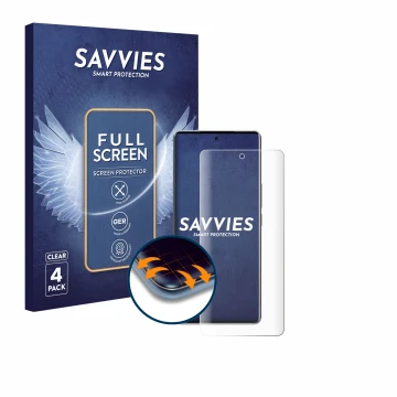 Face avant d’un emballage produit avec le logo de la marque Savvies. À côté, l’appareil Vivo V40 est représenté avec la protec