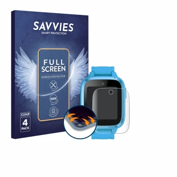 Face avant d’un emballage produit avec le logo de la marque Savvies. À côté, l’appareil Xplora Kidzi Watch est représenté avec