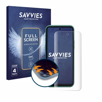 Face avant d’un emballage produit avec le logo de la marque Savvies. À côté, l’appareil Nokia XR21 Limited Edition est représe
