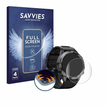 Face avant d’un emballage produit avec le logo de la marque Savvies. À côté, l’appareil Sanorum Smartwatch 1.43