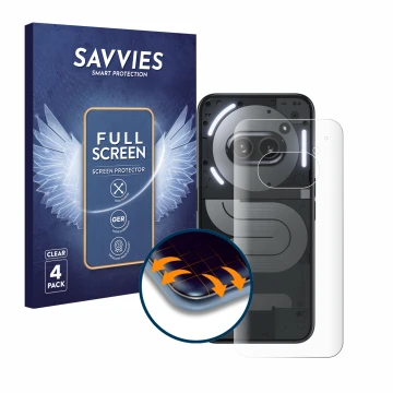 Face avant d’un emballage produit avec le logo de la marque Savvies. À côté, l’appareil Nothing Phone (2a) Plus (Arrière) est 