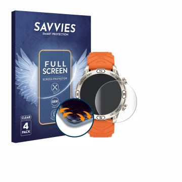 Face avant d’un emballage produit avec le logo de la marque Savvies. À côté, l’appareil Bytelike Smartwatch 1.43