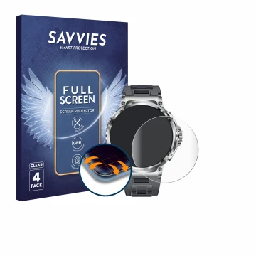 Face avant d’un emballage produit avec le logo de la marque Savvies. À côté, l’appareil Smartwatch V69 1.85