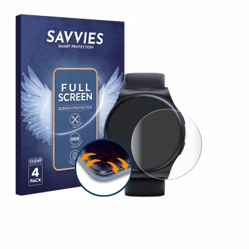 Face avant d’un emballage produit avec le logo de la marque Savvies. À côté, l’appareil Motorola Moto Watch 120 est représenté