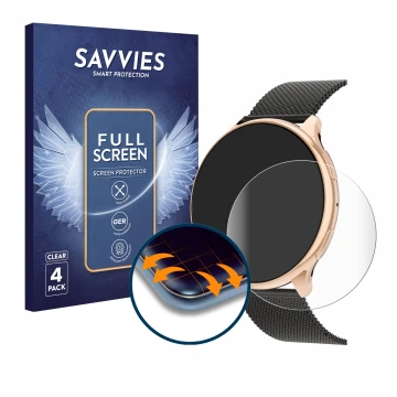 Face avant d’un emballage produit avec le logo de la marque Savvies. À côté, l’appareil RifePhi SmartWatch 1.39