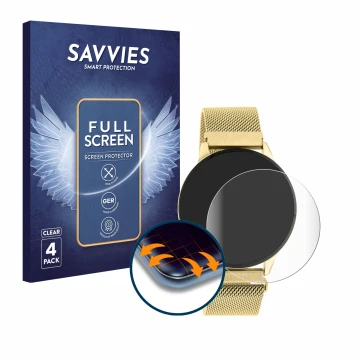 Face avant d’un emballage produit avec le logo de la marque Savvies. À côté, l’appareil Oozoo Q00121 est représenté avec la pr