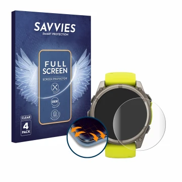 Face avant d’un emballage produit avec le logo de la marque Savvies. À côté, l’appareil Garmin Fenix 8 Solar (51 mm) est repré