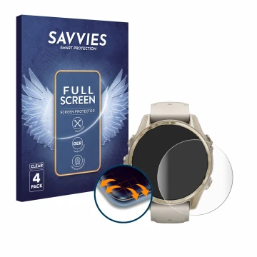 Face avant d’un emballage produit avec le logo de la marque Savvies. À côté, l’appareil Garmin Fenix 8 (43 mm) est représenté 