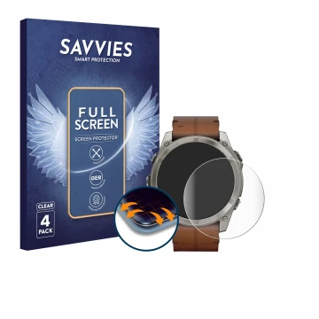 Face avant d’un emballage produit avec le logo de la marque Savvies. À côté, l’appareil Garmin Fenix 8 AMOLED (51 mm) est repr
