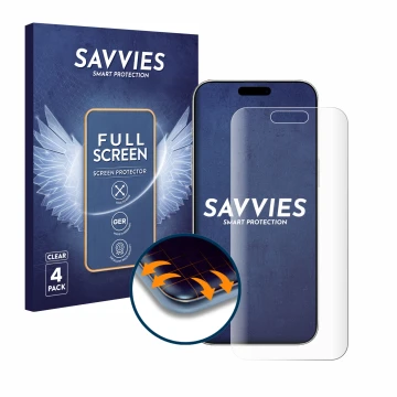 Face avant d’un emballage produit avec le logo de la marque Savvies. À côté, l’appareil Apple iPhone 16 est représenté avec la