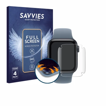 Face avant d’un emballage produit avec le logo de la marque Savvies. À côté, l’appareil Apple Watch SE 3 (40 mm) est représent