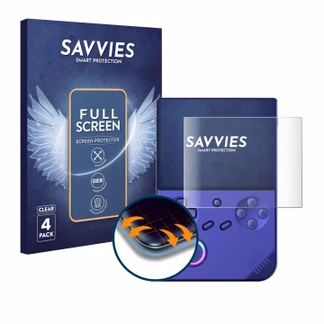 Face avant d’un emballage produit avec le logo de la marque Savvies. À côté, l’appareil Anbernic RG40XXV est représenté avec l