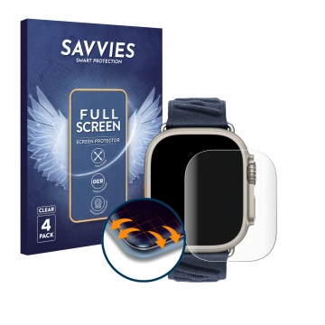 Face avant d’un emballage produit avec le logo de la marque Savvies. À côté, l’appareil Apple Watch Hermès Ultra 2 est représe