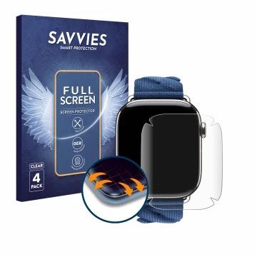 Face avant d’un emballage produit avec le logo de la marque Savvies. À côté, l’appareil Apple Watch Hermès Series 10 (46 mm) e