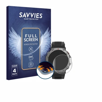 Face avant d’un emballage produit avec le logo de la marque Savvies. À côté, l’appareil Huami Amazfit T-Rex 3 est représenté a