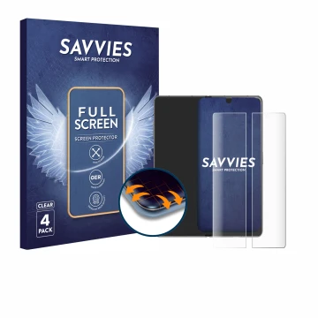 Face avant d’un emballage produit avec le logo de la marque Savvies. À côté, l’appareil Honor Magic V3 (inneres Display) est r