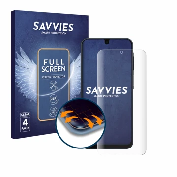 Face avant d’un emballage produit avec le logo de la marque Savvies. À côté, l’appareil Samsung Galaxy A16 5G est représenté a