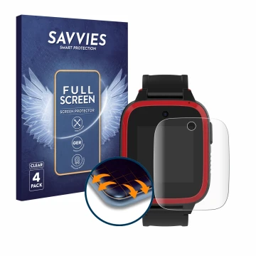 Face avant d’un emballage produit avec le logo de la marque Savvies. À côté, l’appareil Xplora Let's Go est représenté avec la