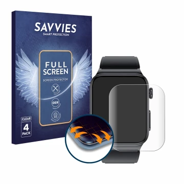 Face avant d’un emballage produit avec le logo de la marque Savvies. À côté, l’appareil Douself Smartwatch 1.85
