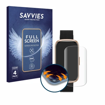 Face avant d’un emballage produit avec le logo de la marque Savvies. À côté, l’appareil Ruxingx Fitness Tracker 1.47