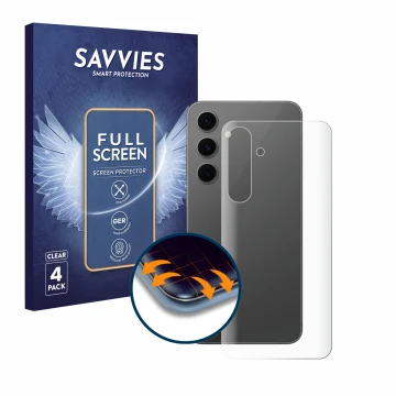 Face avant d’un emballage produit avec le logo de la marque Savvies. À côté, l’appareil Samsung Galaxy S24 FE (Arrière) est re