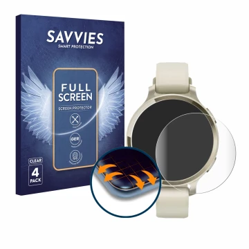 Face avant d’un emballage produit avec le logo de la marque Savvies. À côté, l’appareil Garmin Lily 2 Active est représenté av