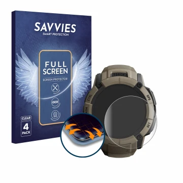 Face avant d’un emballage produit avec le logo de la marque Savvies. À côté, l’appareil Garmin Instinct 2X Solar Tactical Edit