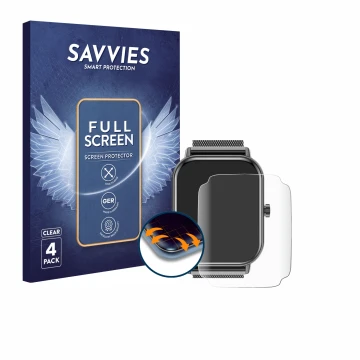 Face avant d’un emballage produit avec le logo de la marque Savvies. À côté, l’appareil Haulvean Smartwatch 1.85