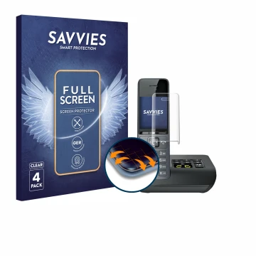 Face avant d’un emballage produit avec le logo de la marque Savvies. À côté, l’appareil Gigaset COMFORT 520A est représenté av