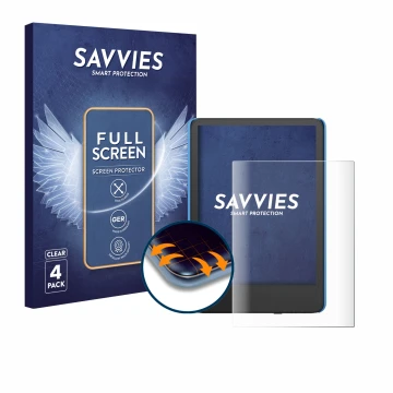 Face avant d’un emballage produit avec le logo de la marque Savvies. À côté, l’appareil Amazon Kindle Kids (2024) est représen
