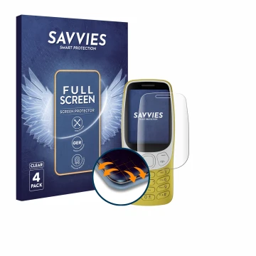 Face avant d’un emballage produit avec le logo de la marque Savvies. À côté, l’appareil Nokia 3210 est représenté avec la prot