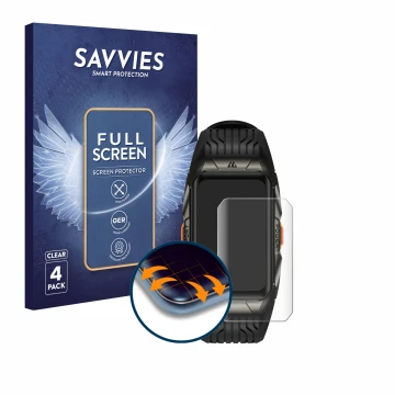 Face avant d’un emballage produit avec le logo de la marque Savvies. À côté, l’appareil Kospet Tank X2 Ultra est représenté av