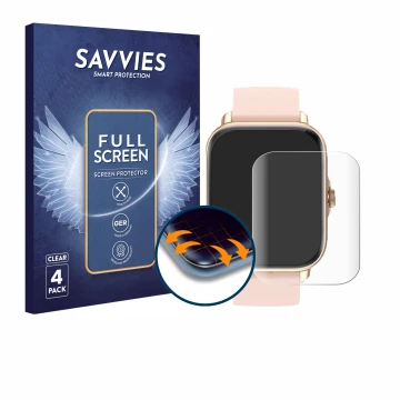 Face avant d’un emballage produit avec le logo de la marque Savvies. À côté, l’appareil Janolty Smartwatch 1.83