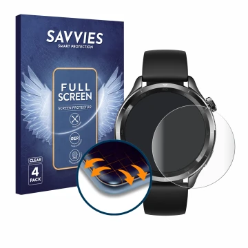 Face avant d’un emballage produit avec le logo de la marque Savvies. À côté, l’appareil Xiaomi Watch S4 (47 mm) est représenté