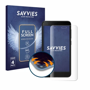 Face avant d’un emballage produit avec le logo de la marque Savvies. À côté, l’appareil ZTE Blade A35 lite est représenté avec