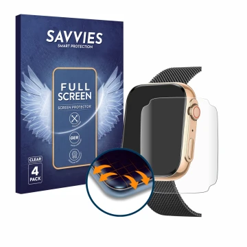 Face avant d’un emballage produit avec le logo de la marque Savvies. À côté, l’appareil Powerwill Smartwatch 1.91