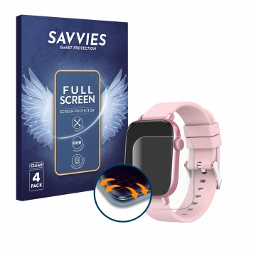 Face avant d’un emballage produit avec le logo de la marque Savvies. À côté, l’appareil Ombar Smartwatch 1.9