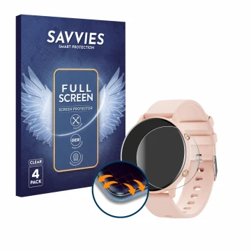 Face avant d’un emballage produit avec le logo de la marque Savvies. À côté, l’appareil Hwagol Smartwatch G25 1.39