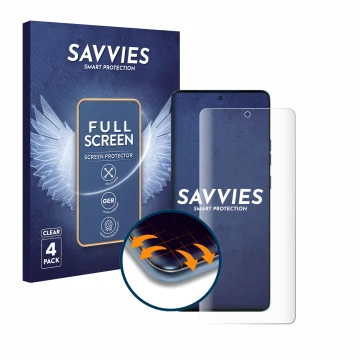 Face avant d’un emballage produit avec le logo de la marque Savvies. À côté, l’appareil Motorola Edge 50 est représenté avec l