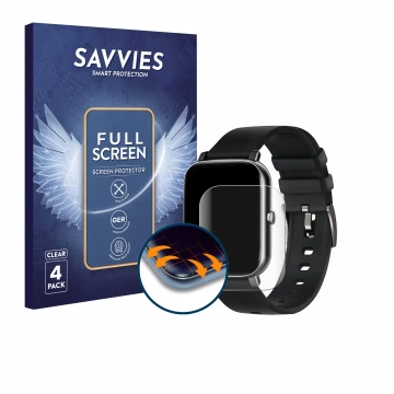 Face avant d’un emballage produit avec le logo de la marque Savvies. À côté, l’appareil Ibettertec Smartwatch 1.69