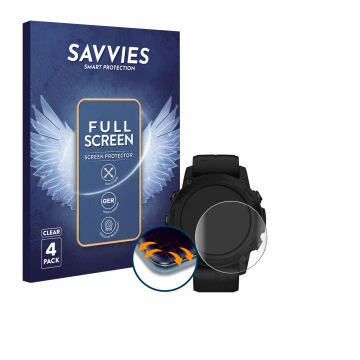 Face avant d’un emballage produit avec le logo de la marque Savvies. À côté, l’appareil Garmin Descent G1 Solar est représenté