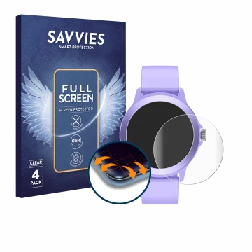 Face avant d’un emballage produit avec le logo de la marque Savvies. À côté, l’appareil SPC Smartee Duo Vivo 1.27