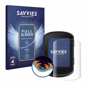 Face avant d’un emballage produit avec le logo de la marque Savvies. À côté, l’appareil Garmin Edge 840 Solar est représenté a