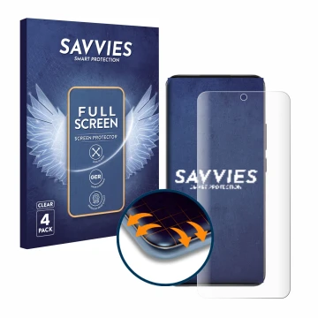 Face avant d’un emballage produit avec le logo de la marque Savvies. À côté, l’appareil Oppo Reno 12 est représenté avec la pr