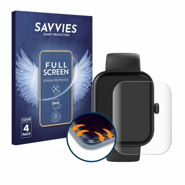 Face avant d’un emballage produit avec le logo de la marque Savvies. À côté, l’appareil Hama Fit Watch 5000 est représenté ave